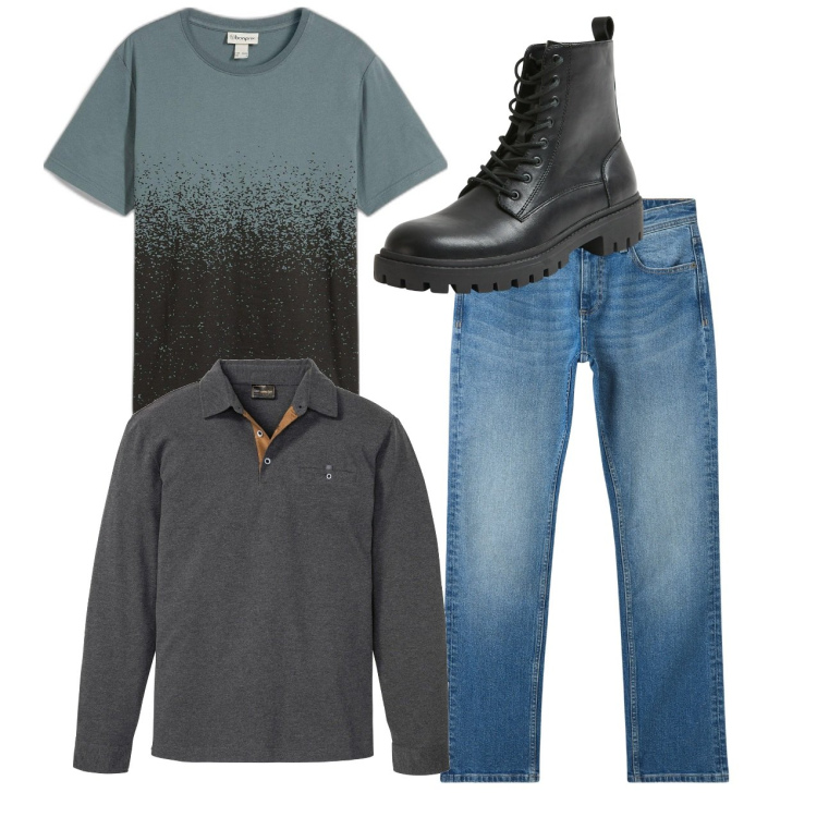 Outfit uomo - City. Stile Casual per Tutti i giorni. Abbinamento con t-shirt, polo, jeans, anfibi.