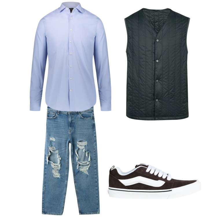 Outfit uomo - Così. Stile Urban per Tutti i giorni. Abbinamento con sneakers, jeans strappati, piumini, camicie.