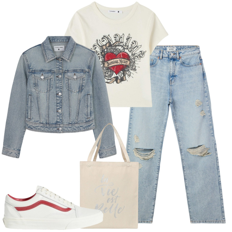 Outfit donna - City. Stile Casual per Tutti i giorni. Abbinamento con sneakers, jeans strappati, borse tote, t-shirt, blazer.