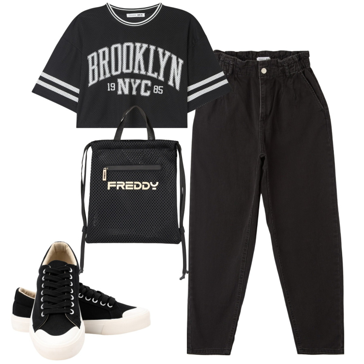 Outfit donna - Con le amiche al parco. Stile Trendy per Tutti i giorni. Abbinamento con jeans, t-shirt, zaini, sneakers.