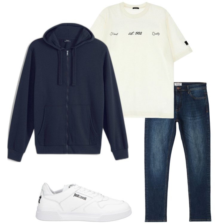 Outfit uomo - Basic style. Stile Casual per Tutti i giorni. Abbinamento con felpe con cappuccio, sneakers, jeans skinny, t-shirt.