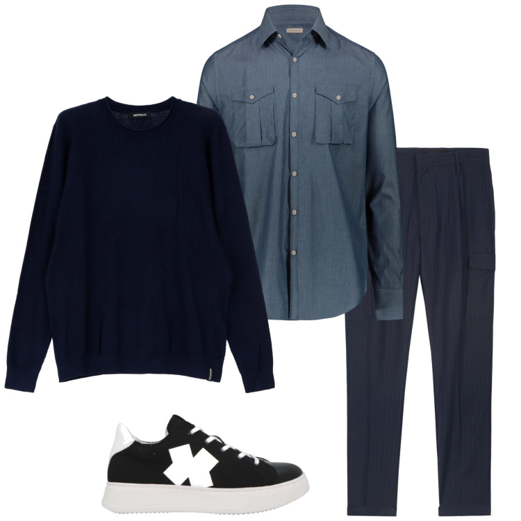 Outfit uomo - Casual in ufficio. Stile Casual per Ufficio. Abbinamento con sneakers, maglieria, pantaloni cargo, camicie.
