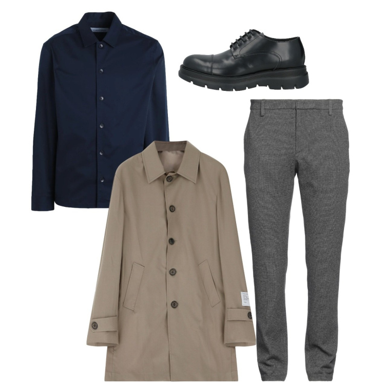 Outfit uomo - City. Stile Casual per Tutti i giorni. Abbinamento con pantaloni, camicie, scarpe stringate, trench.