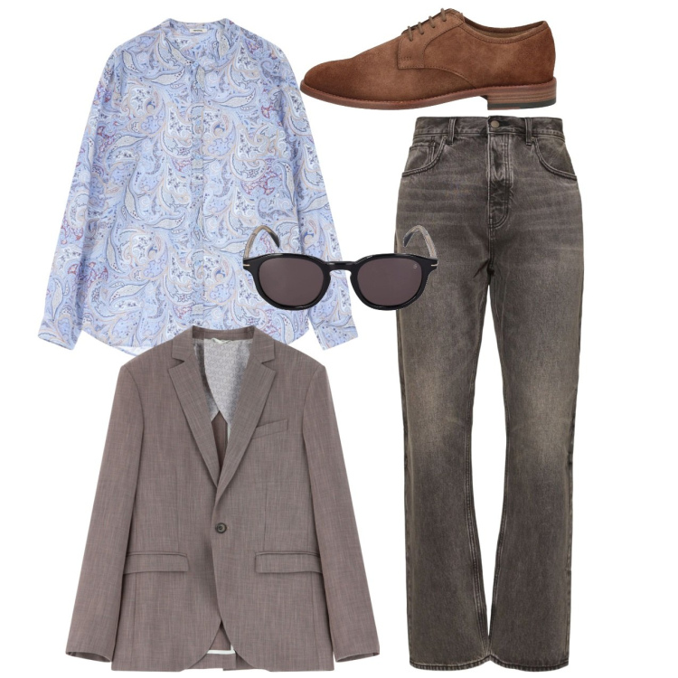 Outfit uomo - City. Stile Casual per Tutti i giorni. Abbinamento con scarpe stringate, camicie, giacche, occhiali da sole, jeans.