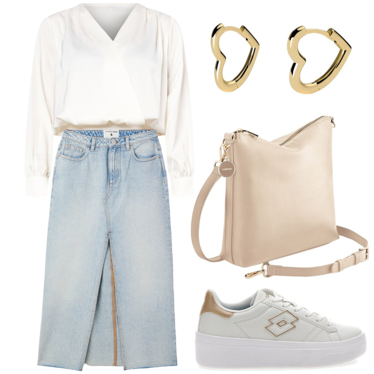 Outfit donna - Gonna in jeans. Stile Sporty chic per Tutti i giorni. Abbinamento con gonne lunghe, orecchini, bluse, sneakers, borse a tracolla.