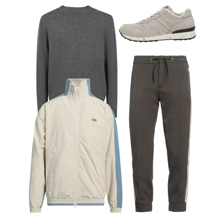 Outfit uomo - City. Stile Casual per Tutti i giorni. Abbinamento con giacche, pantaloni sportivi, sneakers, maglieria.