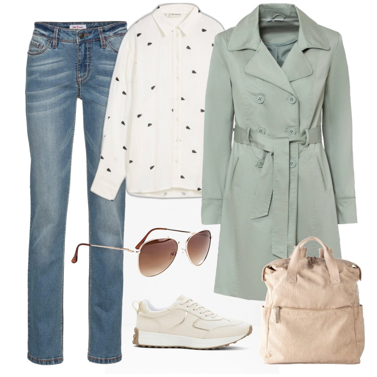 Outfit donna - Total look #2081107. Abbinamento con trench, camicie, occhiali da sole, sneakers, jeans dritti, zaini.