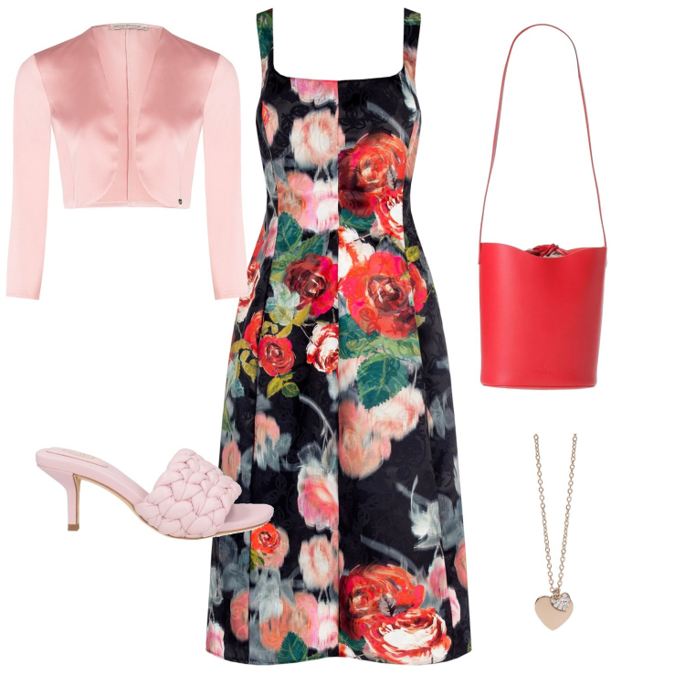 Outfit donna - Aria di primavera. Stile Trendy per Serata fuori. Abbinamento con sandali col tacco, borse a mano, ciondoli, bolero, vestiti.