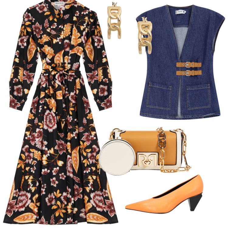 Outfit donna - Total look #2081117. Stile Romantica per Tutti i giorni. Abbinamento con décolleté, gilet, orecchini, vestiti lunghi, pochette.