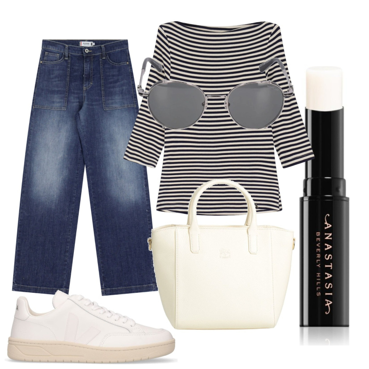Outfit donna - Anastasia in città. Stile Urban per Tutti i giorni. Abbinamento con borse a mano, primer, jeans, t-shirt, sneakers, occhiali da sole.