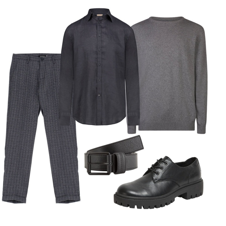 Outfit uomo - Il grigio in ufficio. Stile Trendy per Ufficio. Abbinamento con scarpe stringate, pantaloni, camicie, maglieria, cinture.