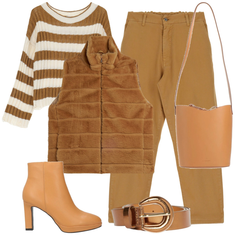 Outfit donna - Total look #2081126. Stile Casual per Ufficio. Abbinamento con stivaletti, borse a mano, maglieria, gilet, pantaloni, cinture.