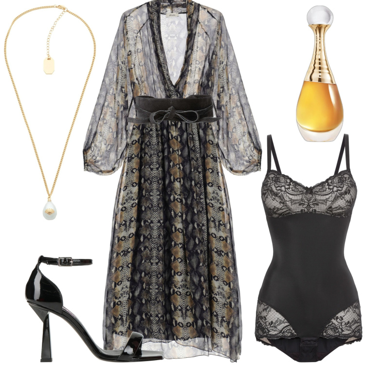 Outfit donna - Aperitivo in città. Stile Boho per Serata fuori. Abbinamento con body, cinture, collane, sandali col tacco, profumi, vestiti.