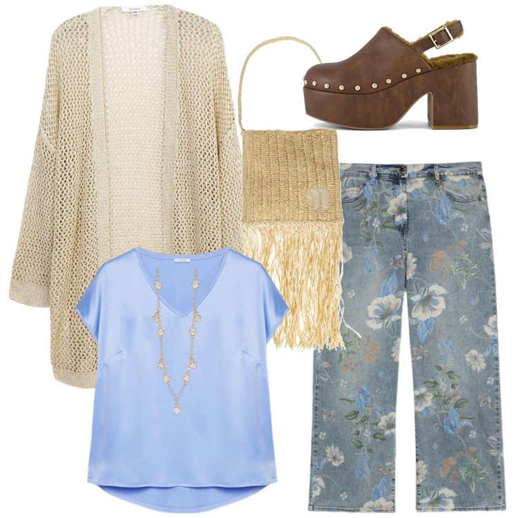 Outfit donna - Primavera boho - @ambrosiajsi. Stile Boho per Tutti i giorni. Abbinamento con borse a spalla, kimono, collane, t-shirt, sabot, jeans dritti.