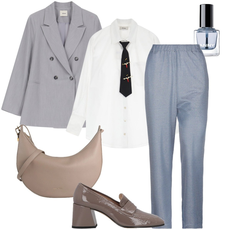 Outfit donna - La camicia con la cravatta. Stile Bon Ton per Ufficio. Abbinamento con pantaloni, borse a tracolla, mocassini, smalti, blazer, camicie.