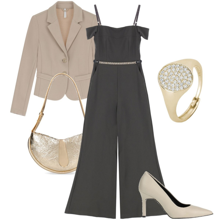 Outfit donna - La jumpsuit a palazzo. Stile Bon Ton per Cerimonia. Abbinamento con décolleté, anelli, tute, blazer, borse a spalla.