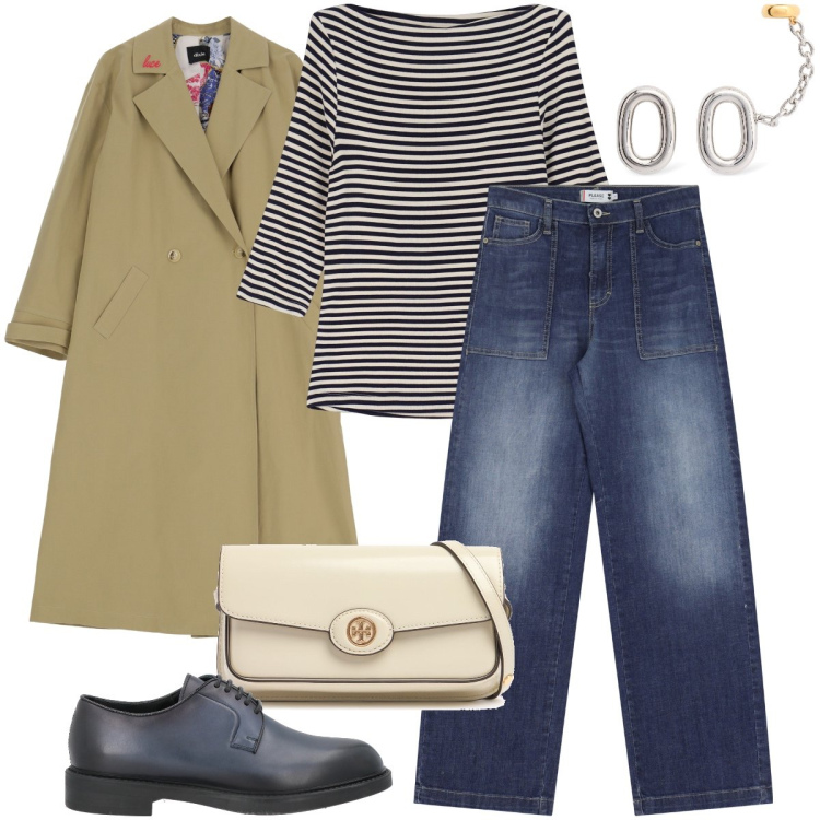 Outfit donna - Il jeans over size. Stile Urban per Tutti i giorni. Abbinamento con scarpe stringate, jeans, trench, t-shirt, borse a spalla, orecchini.