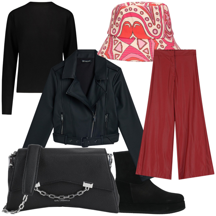 Outfit donna - Sosta al bar sotto la pioggia. Stile Urban per Tutti i giorni. Abbinamento con borse a tracolla, stivaletti, giacche, pantaloni a palazzo, cappelli, maglieria.
