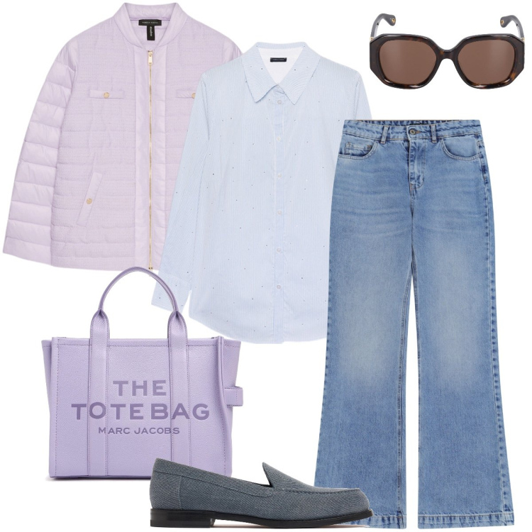 Outfit donna - Il giubbotto lilla. Stile Casual chic per Ufficio. Abbinamento con jeans, camicie, piumini, occhiali da sole, borse tote, mocassini.