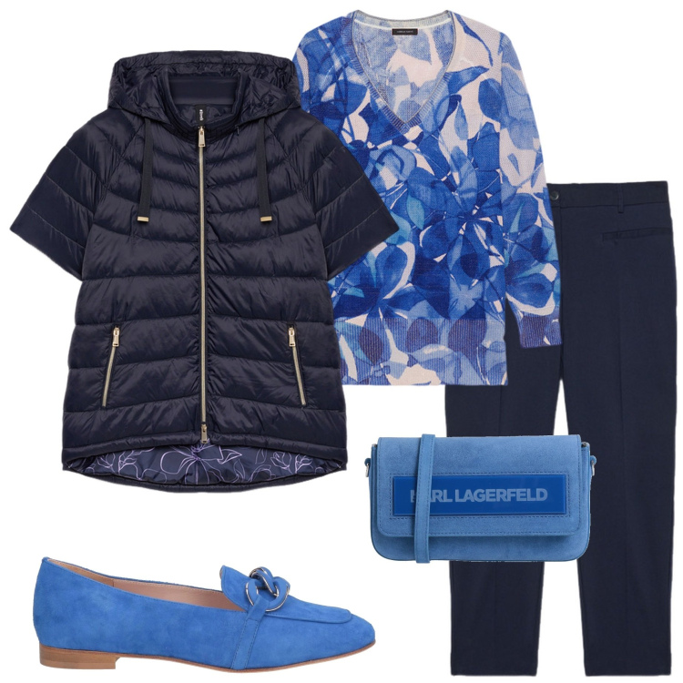 Outfit donna - In ufficio. Stile Casual chic per Ufficio. Abbinamento con borse a tracolla, mocassini, maglieria, pantaloni, piumini.
