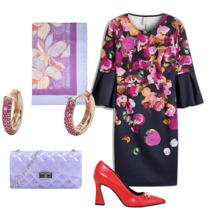 Outfit donna - Una cerimonia di colore. Stile Trendy per Cerimonia. Abbinamento con vestiti corti, borse a tracolla, orecchini, décolleté, stole.