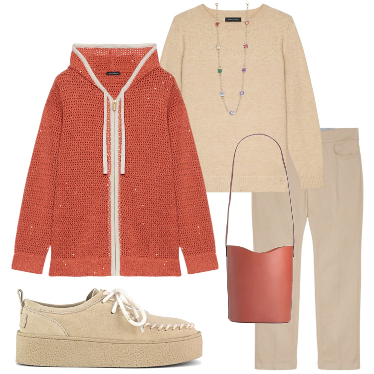 Outfit donna - In centro con le amiche. Stile Casual chic per Tutti i giorni. Abbinamento con borse a mano, collane, cardigans, mocassini, maglieria, pantaloni.