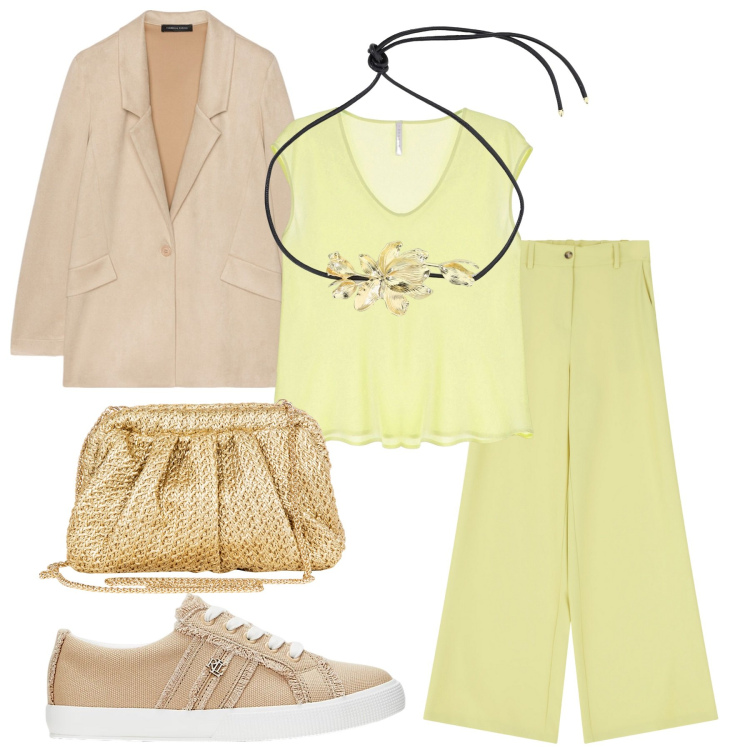 Outfit donna - Colori luminosi. Stile Casual chic per Serata fuori. Abbinamento con clutch, top, pantaloni a palazzo, collane, sneakers, blazer.