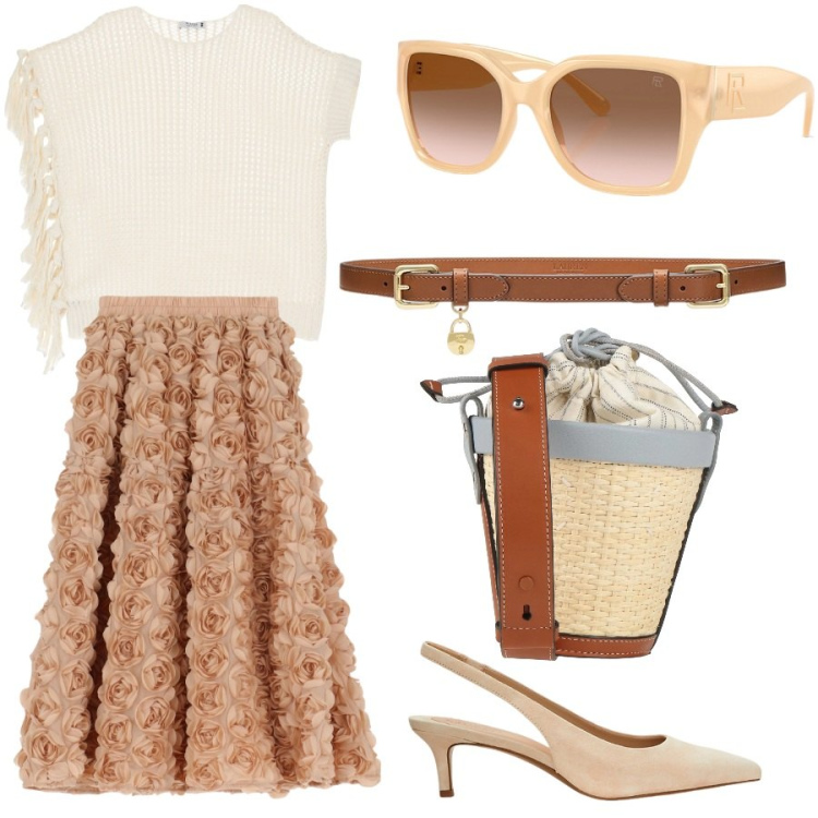 Outfit donna - Flower power. Stile Romantica per Tutti i giorni. Abbinamento con borse a spalla, maglieria, gonne, décolleté, occhiali da sole, cinture.