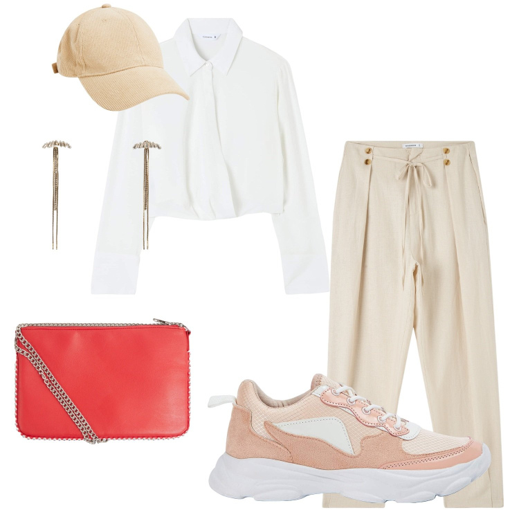 Outfit donna - Terra rosa. Stile Casual per Tutti i giorni. Abbinamento con borse a tracolla, sneakers, bluse, pantaloni, cappelli con visiera, orecchini.