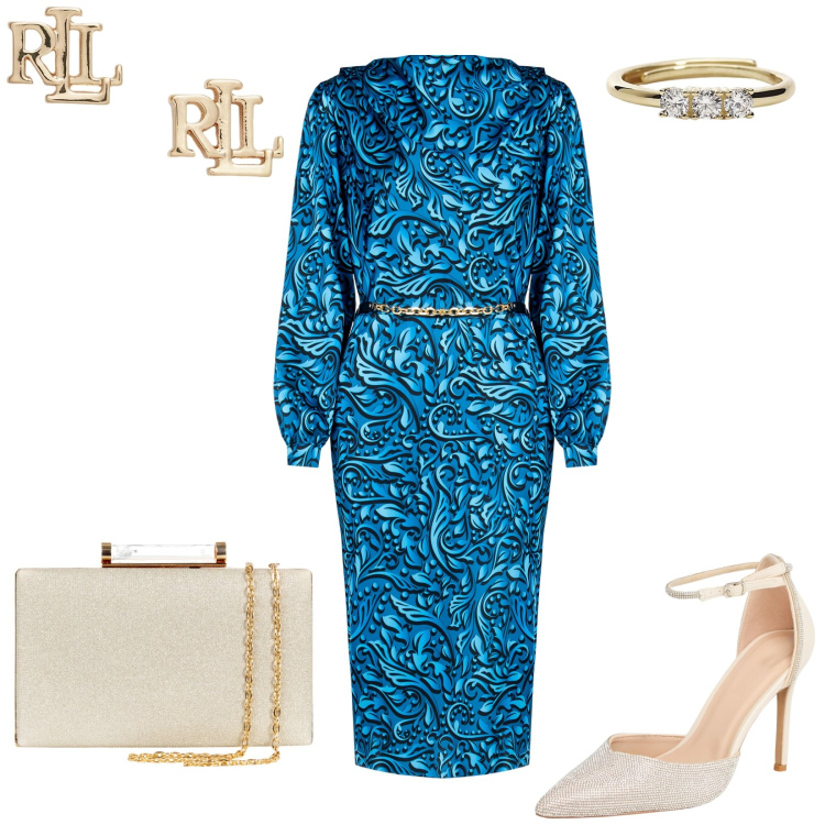 Outfit donna - Cerimonia chic. Stile Chic per Cerimonia. Abbinamento con décolleté, anelli, vestiti midi/longuette, clutch, orecchini.