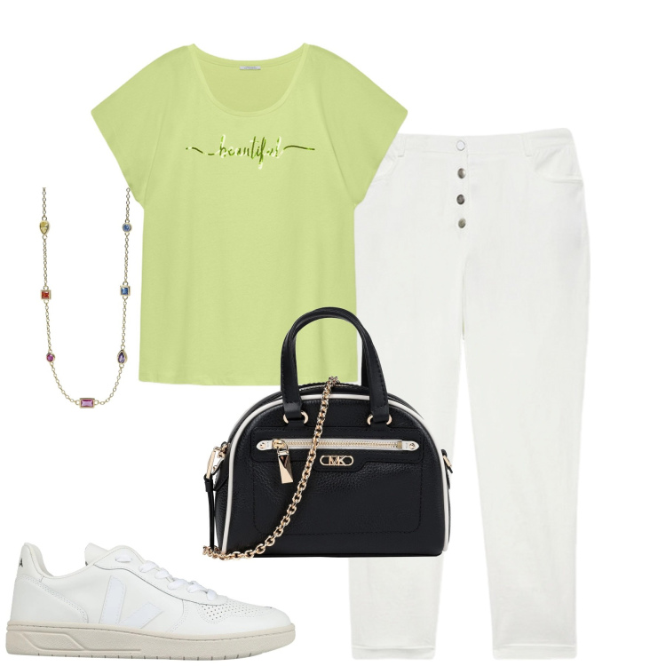 Outfit donna - City. Stile Basic per Tutti i giorni. Abbinamento con borse a mano, sneakers, collane, pantaloni, t-shirt.