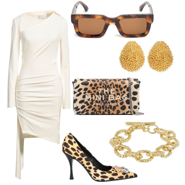 Outfit donna - Elegant animalier. Stile Glamour per Serata fuori. Abbinamento con décolleté, vestiti corti, braccialetti, occhiali da sole, orecchini, pochette.