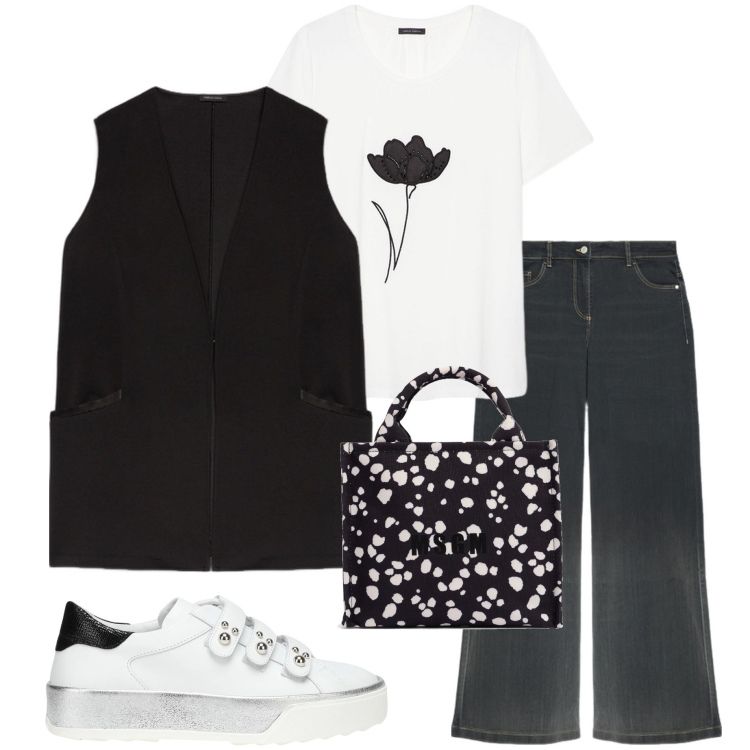 Outfit donna - Black and White. Stile Casual chic per Ufficio. Abbinamento con sneakers, gilet, t-shirt, shopping bag, jeans.