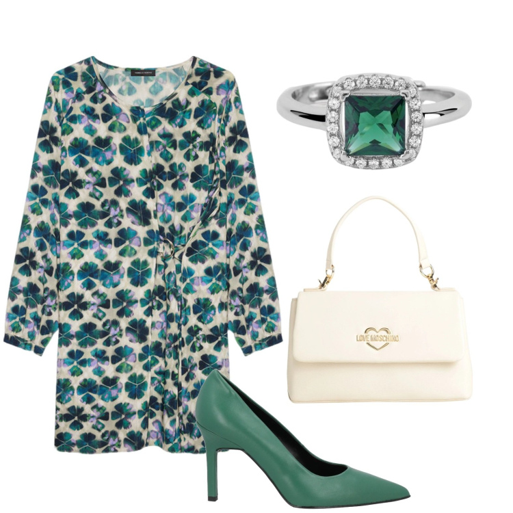 Outfit donna - Floreale vintage in primavera. Stile Chic per Serata fuori. Abbinamento con décolleté, borse a mano, anelli, vestiti corti.