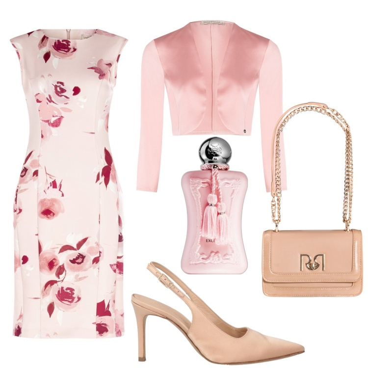 Outfit donna - Floreale vintage in primavera. Stile Romantica per Cerimonia. Abbinamento con décolleté, profumi, vestiti a tubino, bolero, borse a tracolla.