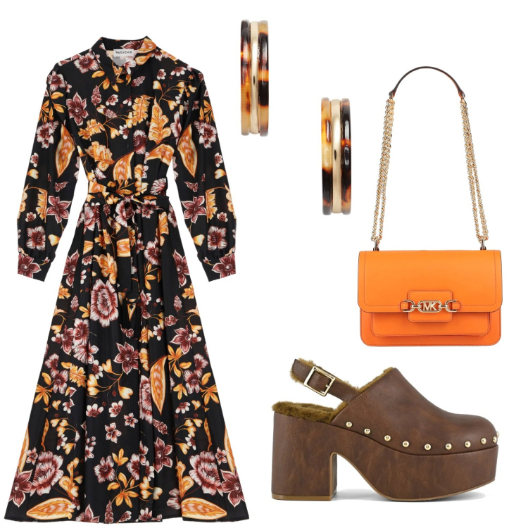 Outfit donna - Primavera boho. Stile Boho per Serata fuori. Abbinamento con borse a spalla, vestiti lunghi, orecchini, sabot.