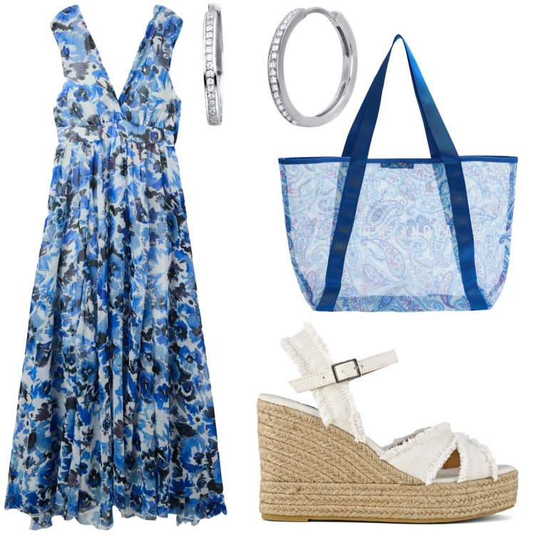 Outfit donna - Primavera boho. Stile Boho per Tutti i giorni. Abbinamento con vestiti lunghi, shopping bag, orecchini, sandali col tacco.