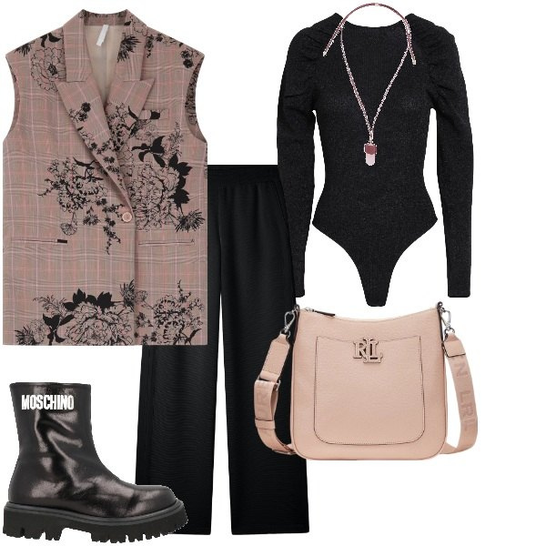 Outfit donna - Total look #2081239. Stile Casual per Tutti i giorni. Abbinamento con collane, body, stivaletti, gilet, pantaloni, borse a tracolla.