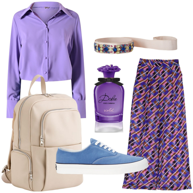Outfit donna - Toni pastello in primavera. Stile Casual per Tutti i giorni. Abbinamento con profumi, pantaloni a palazzo, camicie, sneakers, cinture, zaini.