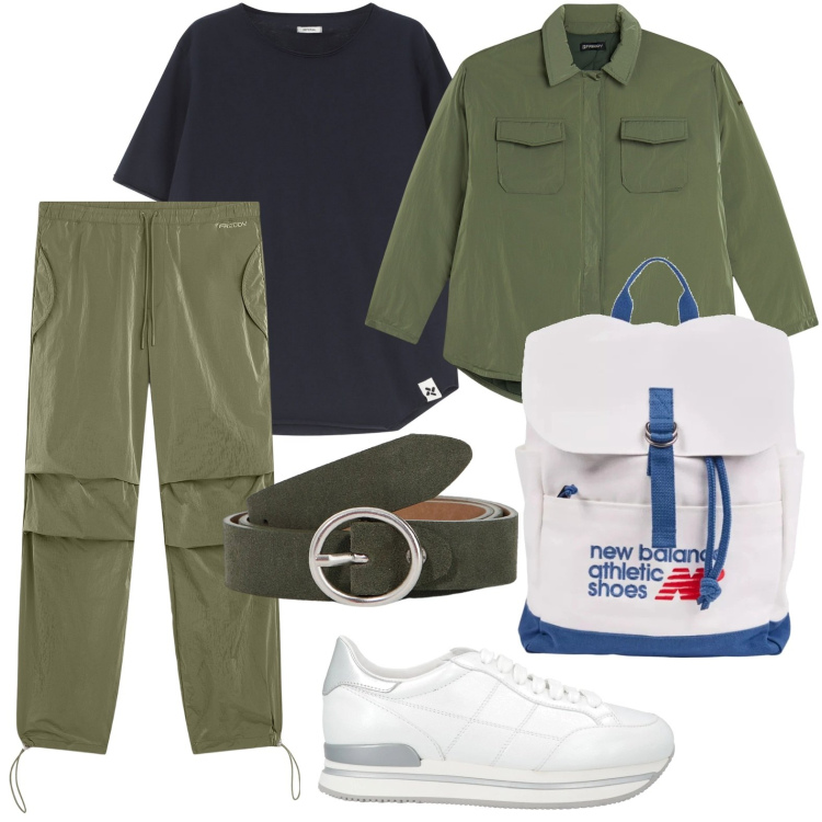 Outfit donna - Aria primaverile. Stile Casual per Scuola/Università. Abbinamento con sneakers, zaini, camicie, pantaloni, t-shirt, cinture.