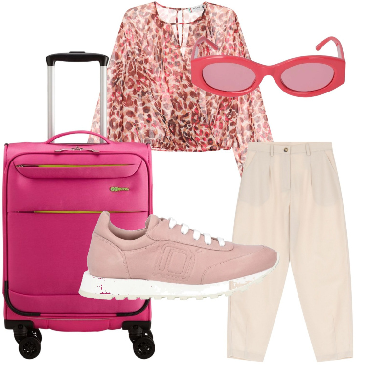 Outfit donna - Viaggiare in rosa. Stile Casual per Tutti i giorni. Abbinamento con sneakers, bluse, pantaloni, valigie, occhiali da sole.