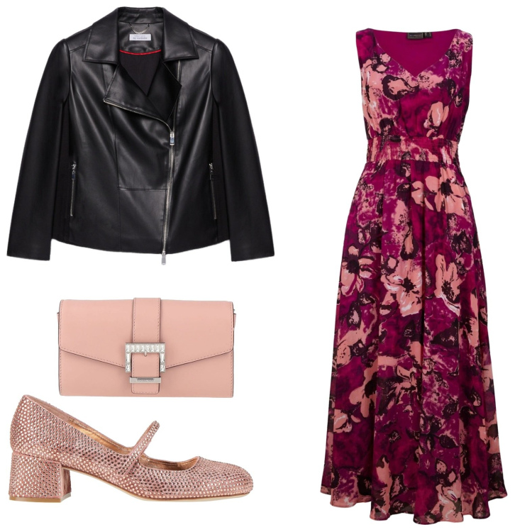 Outfit donna - L\'abito lungo floreale. Stile Chic per Serata fuori. Abbinamento con vestiti lunghi, décolleté, borse a mano, blazer.