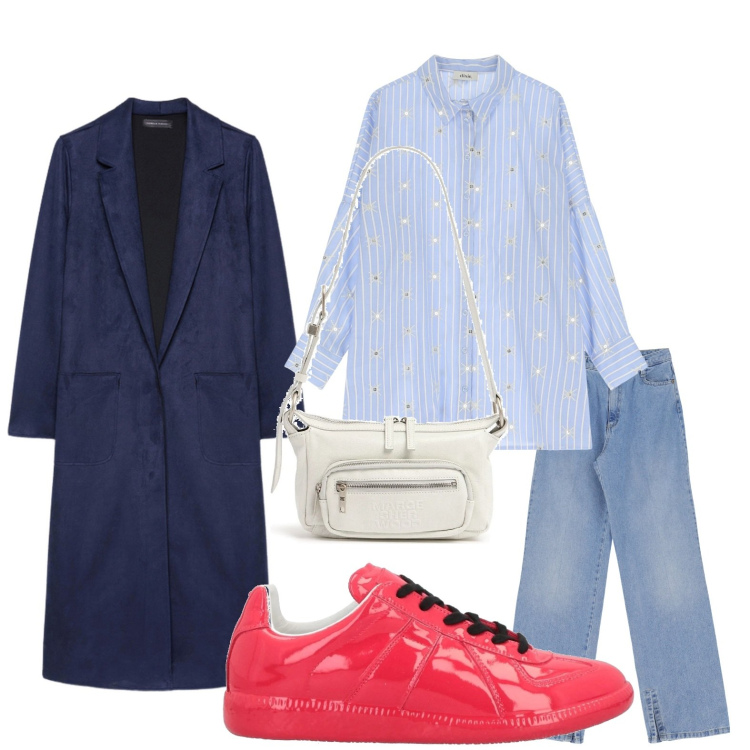 Outfit donna - Il trench blu notte. Stile Bon Ton per Tutti i giorni. Abbinamento con sneakers, jeans, camicie, trench, borse a spalla.
