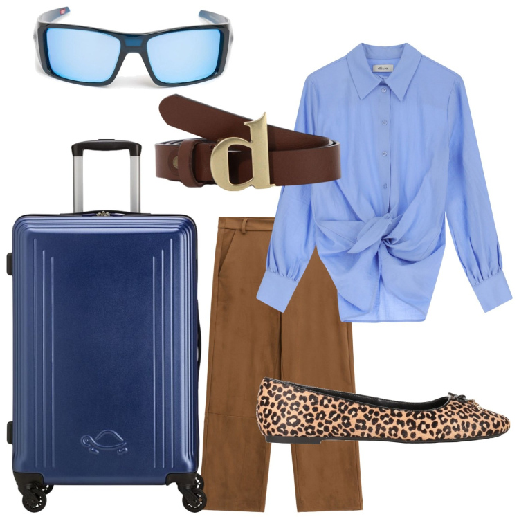 Outfit donna - La camicia col nodo. Stile Basic per Tutti i giorni. Abbinamento con ballerine, pantaloni, camicie, cinture, occhiali da sole, valigie.