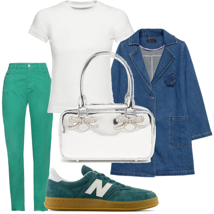 Outfit donna - Trench in denim. Stile Casual per Tutti i giorni. Abbinamento con pantaloni, sneakers, trench, borse a mano, t-shirt.