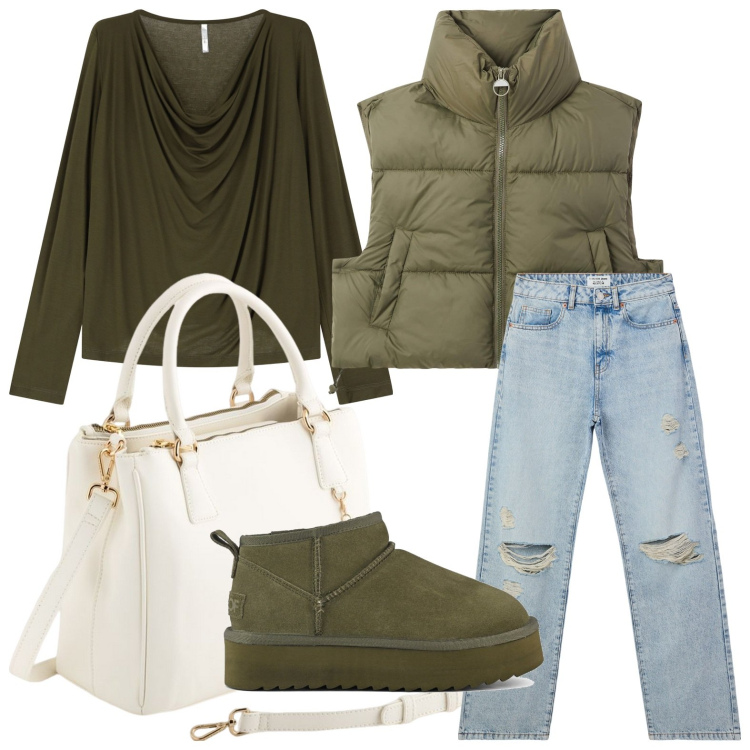 Outfit donna - Ultimi freddi. Stile Glamour per Scuola/Università. Abbinamento con jeans strappati, piumini, pullovers, stivaletti, borse a mano.