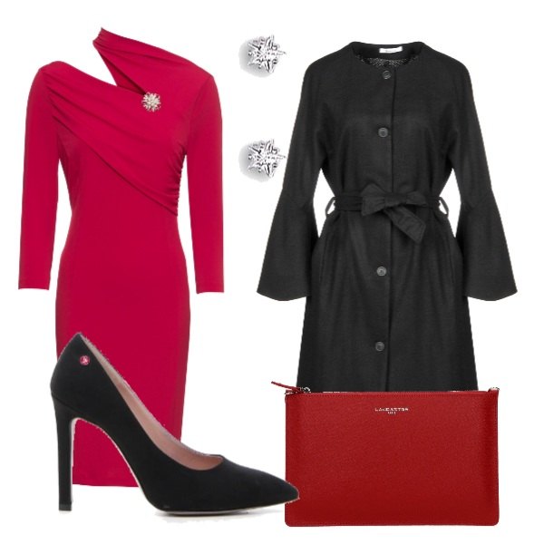 Outfit donna - Natale low cost. Stile Chic per Cerimonia. Abbinamento con vestito con spilla rosso, cappotto in flanella, pochette, décolleté, orecchini in sterling 925 argento.