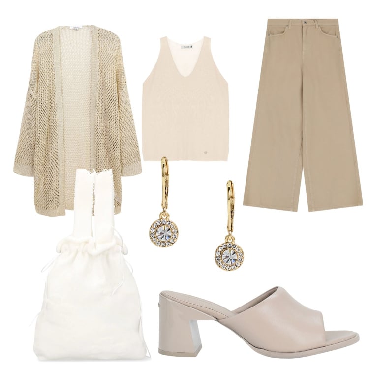 Outfit donna - Bella d estate. Stile Glamour per Cerimonia. look ideale per Tall. Abbinamento con sandali in pelle, kimono, top, orecchini, jeans, borse a mano.