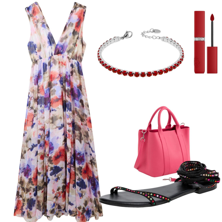 Outfit donna - Vestito vintage floreale. Stile Vintage retrò per Tutti i giorni. Abbinamento con rossetti, vestiti lunghi, sandali alla schiava, braccialetti, borse a mano.