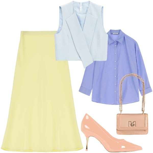 Outfit donna - Toni pastello in primavera. Stile Bon Ton per Ufficio. Abbinamento con décolleté, borse a tracolla, gonne longuette, gilet, camicie.